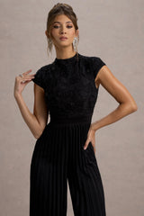 Tanner | Black Cap-Sleeve Plisse Wide-Leg Jumpsuit