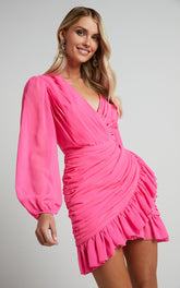 Can I Be Your Honey Mini Dress - Plunge Balloon Sleeve Dress in Hot Pink