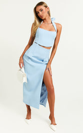 Davie Midi Skirt - High Waist Split Front Skirt in Ice Blue