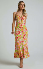 Elmerie Midi Dress - Sleeveless Tie Neck Front Dress in Green Floral Print