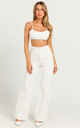Emman Jeans - High Waisted Cotton Wide Leg Denim Jeans in Ecru