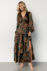 Montrouge Tiered Satin Dress | Olive Floral