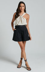 Charline Shorts - Linen Look High Waisted Tailored Front Pleated Belted Shorts in Black