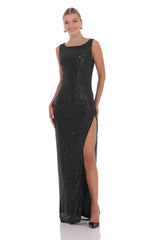 Sequin High Neck Open Back Maxi Dress in Black
