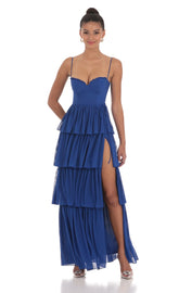 Mesh Ruffle Maxi Dress in Navy