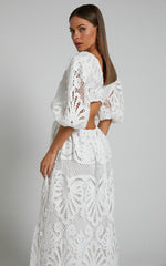 Anieshaya Midi Dress - V Neck Cut Out Lace Dress in White