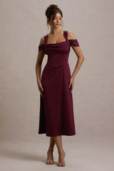 Sawyer | Wine Satin Draped Midi Dress