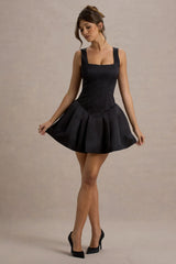 Bramble | Black Satin Square-Neck Puffball Mini Dress