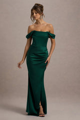 Kimberly | Bottle Green Bardot Satin Maxi Dress