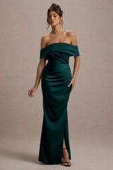 Martine | Bottle Green Satin Bardot Wrap Maxi Dress