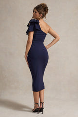 Ambretta | Navy One-Shoulder Midi Dress With Bow