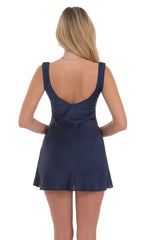 Satin V-Neck Dress in Navy