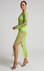 Karmen Midi Dress - Long Sleeve Split Diamante Mesh Dress in Lime