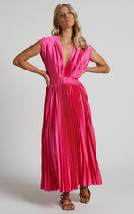Della Midi Dress - Plunge Neck Short Sleeve Pleated Dress in Hot Pink
