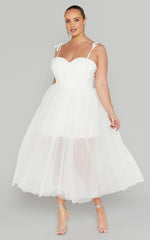 Aisha Midi Dress - Bustier Bodice Tulle Dress in White