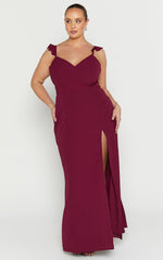 More Than This Maxi Dress - Ruffle Strap Thigh Split Dress in Wine
