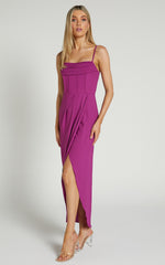 Andrina Midi Dress - High Low Wrap Corset Dress in GRAPE