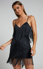 Siofra Mini Dress - Zig Zag Fringe Dress in Black