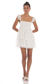 Dotted Ruffle Dress in White