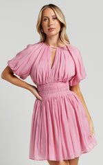 Michalka Mini Dress - Blouson Puff Sleeve Elasticised Waist in Pink