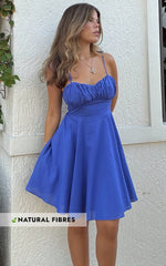Leuven Mini Dress - Linen Look Empire Waist Dress in Blue