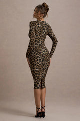 Vernazza | Brown Animal Print Deep Plunge Midi Dress