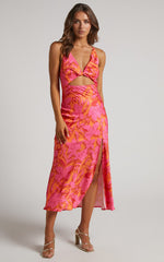 Tove Midi Dress - Twist Front Cut Out Satin Dress in Pink Floral