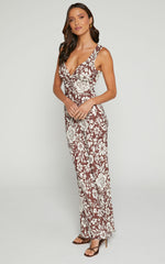 Mauriel Midi Dress - Deep V Gathered Bust Slip Dress in Brown Floral