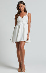 Jhency Mini Linen Dress - Strappy Ruched Bust Dress in White