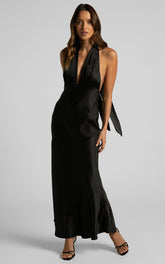 Aiyana Midi Dress - Halter Neck Satin Dress in Black