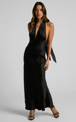 Aiyana Midi Dress - Halter Neck Satin Dress in Black