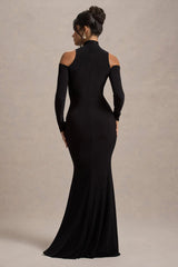 Catarina | Black Turtle-Neck Long-Sleeve Maxi Dress With Cold Shoulders