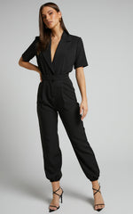 Coco Jumpsuit - Collared Short Sleeve Straight Leg Jumpsuit in Black