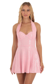 Sequin Halter Fit and Flare Dress in Pink
