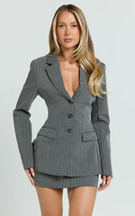 Fiona Blazer - Pinstripe Fitted Hourglass Triple Button Blazer in Dark Grey