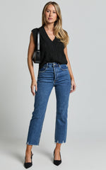 Zelrio Jeans - High Waisted Recycled Cotton Cropped Denim Jeans in Dark Blue Wash