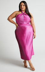 Marlette Midi Dress - Pleated Open Back Halter Dress in Grape