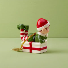 Christmas Elf Sitting On Present Ornament
