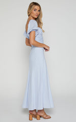 Vynna Midi Dress - Scoop Neck Puff Sleeve Ruched Bust A Line Dress in Blue