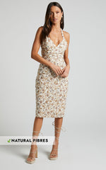 Amalie The Label - Mariella Linen Look Blend Gathered Cross Front Open Back Midi Dress in Maya Floral