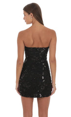 Strapless Sequin Floral Bodycon Dress in Black