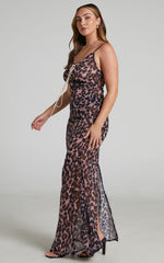 Zharina Midi Dress - Lace Up Front Sheer Dress in Leopard Print