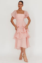 Giavana Puff Sleeve Layered Maxi Dress Baby Pink