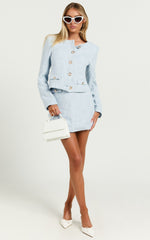 Olympia Jacket - Boucle Scoop Neck Button Down Long Sleeve Jacket in Pale Blue