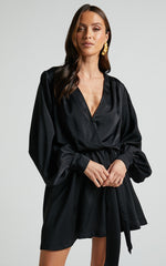 Laura Mini Dress - Long Sleeve V Neck Wrap Dress in Black