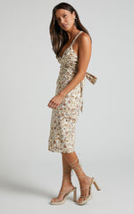 Amalie The Label - Mariella Linen Look Blend Gathered Cross Front Open Back Midi Dress in Maya Floral