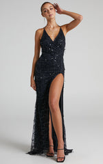 Maieth Maxi Dress - Drape Sequin Halter Cross Back Dress in Black
