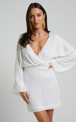 Erine Mini Dress - Long Sleeve Sequin Dress in White