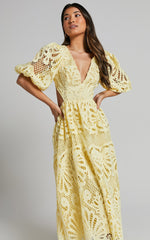 Anieshaya Midi Dress - V Neck Cut Out Lace Dress in Lemon