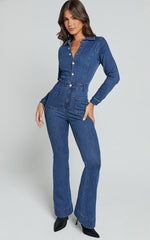 Vivi Jumpsuit - Button Front Wide Leg Denim Jumpsuit in Indigo Wash